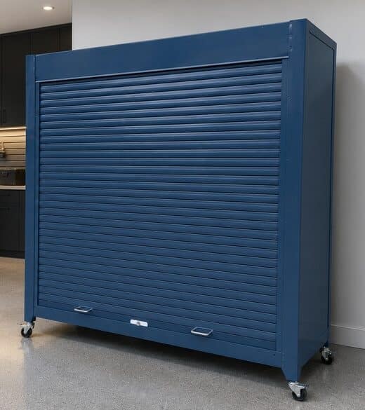 deep ocean blue storage locker on castors with roller door