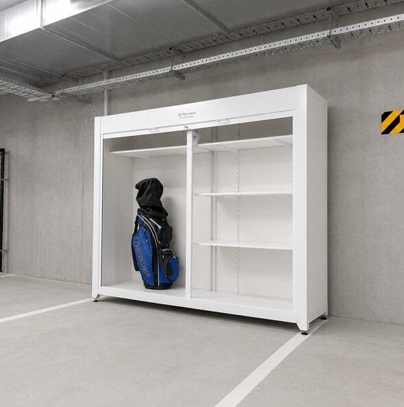 car park storage locker with adjustable shelves and golf clubs