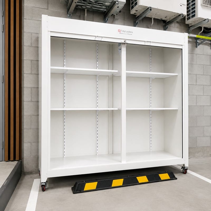 open car park storage locker surfmist with adjustable shelves on castors